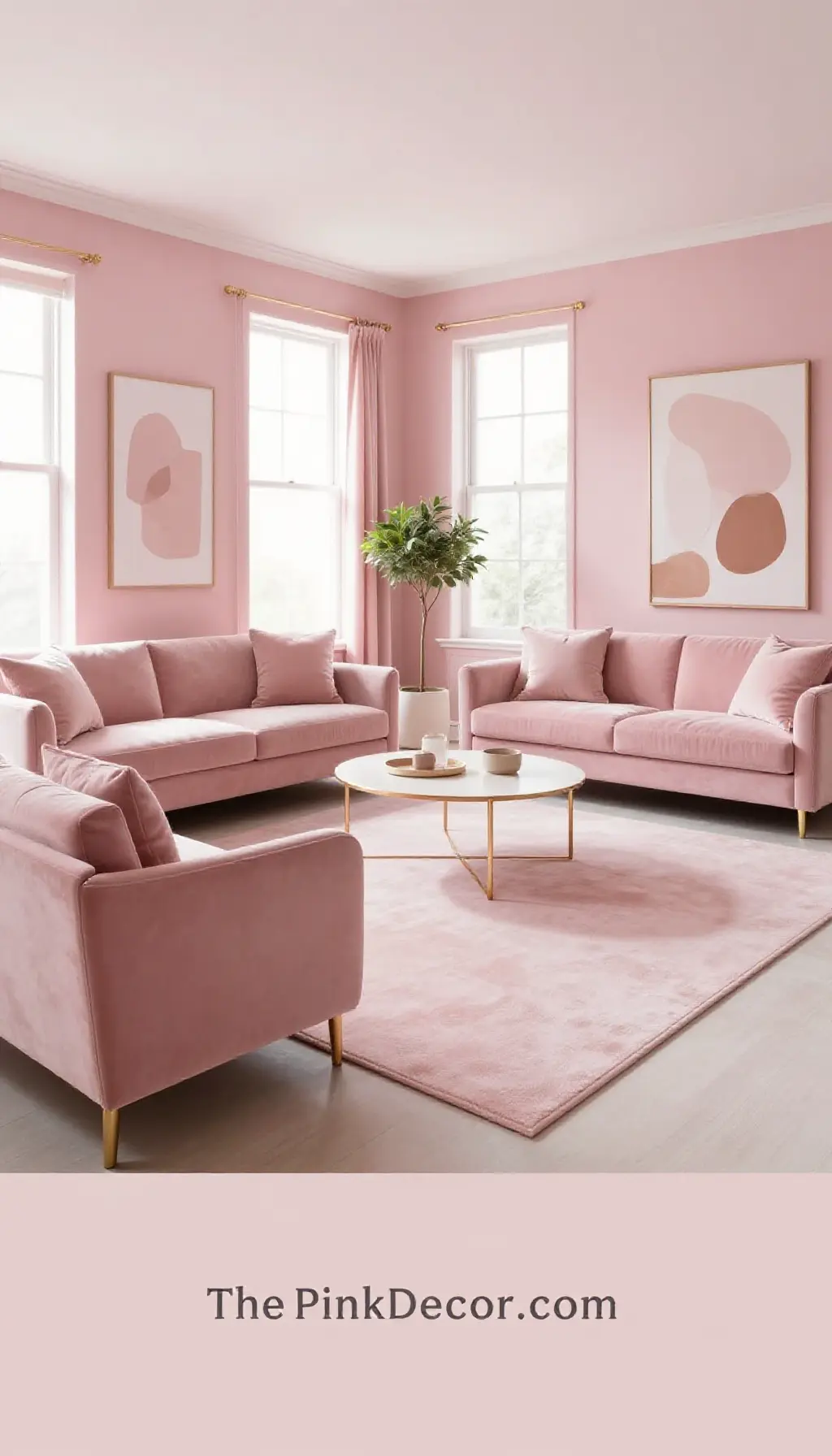 modern blush pink monochrome living room decor with velvet accents and rose gold - Complete View Complete Living Room with pink decor elements