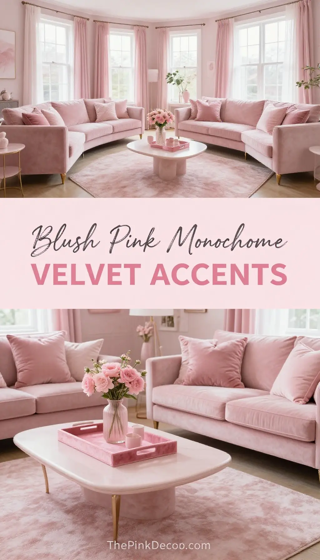 modern blush pink monochrome living room decor with velvet accents and rose gold - Featured Design Blush Pink Monochrome Living Room with Velvet Accents - Living Room - The Pink Decor