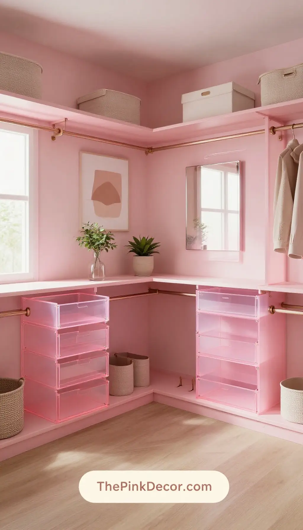 blush pink ombré closet design with acrylic organizers and lighting - Complete View Complete Closet with pink decor elements
