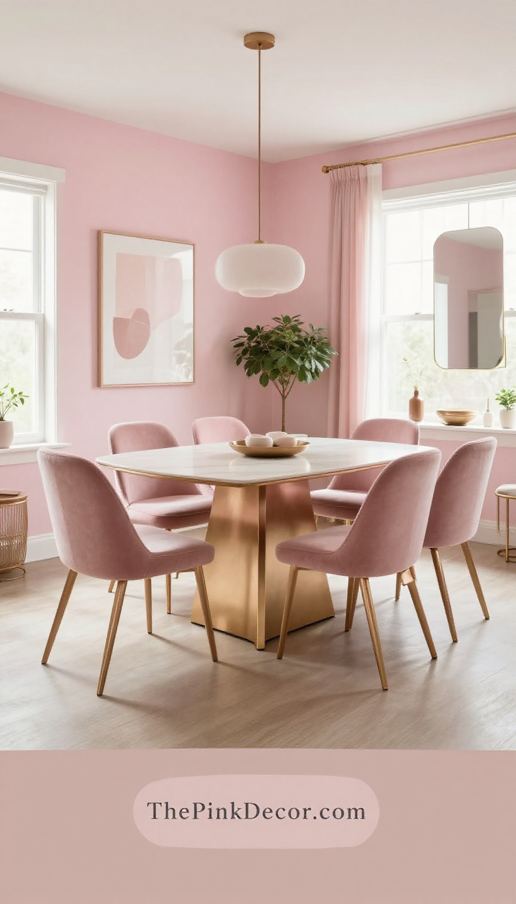 blush pink ombré dining room design with metallic accents - complete view Complete modern blush pink ombré dining room with gold fixtures and decor elements