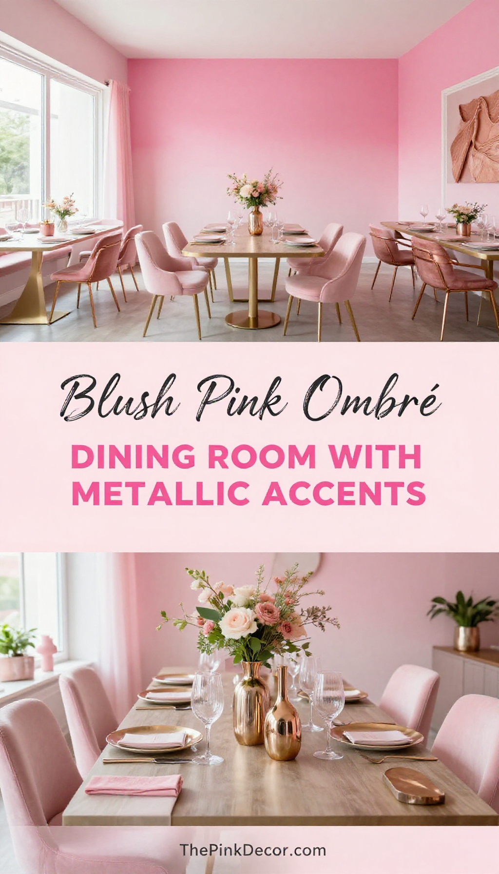 blush pink ombré dining room with metallic accents - featured design Modern blush pink ombré dining room decor ideas with metallic fixtures - dining room transformation