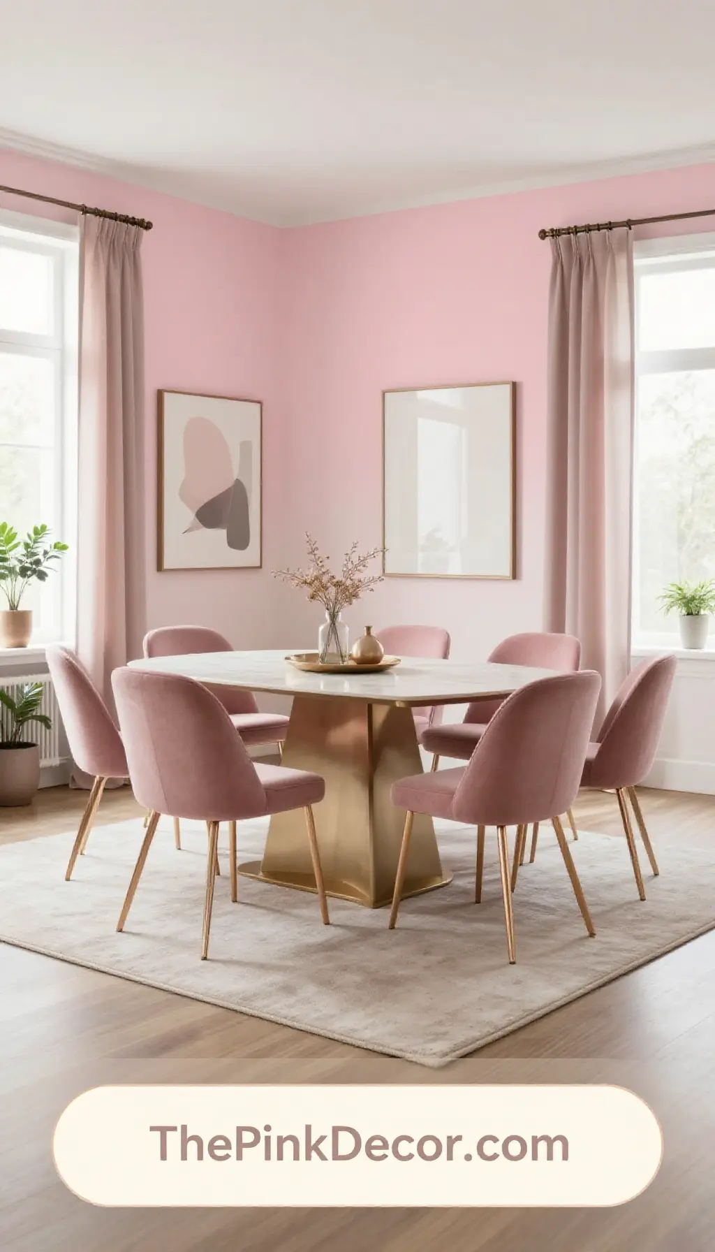 modern pink dining room decor ideas with blush ombre walls and minimalist furniture - Complete View Complete Dining Room with pink decor elements