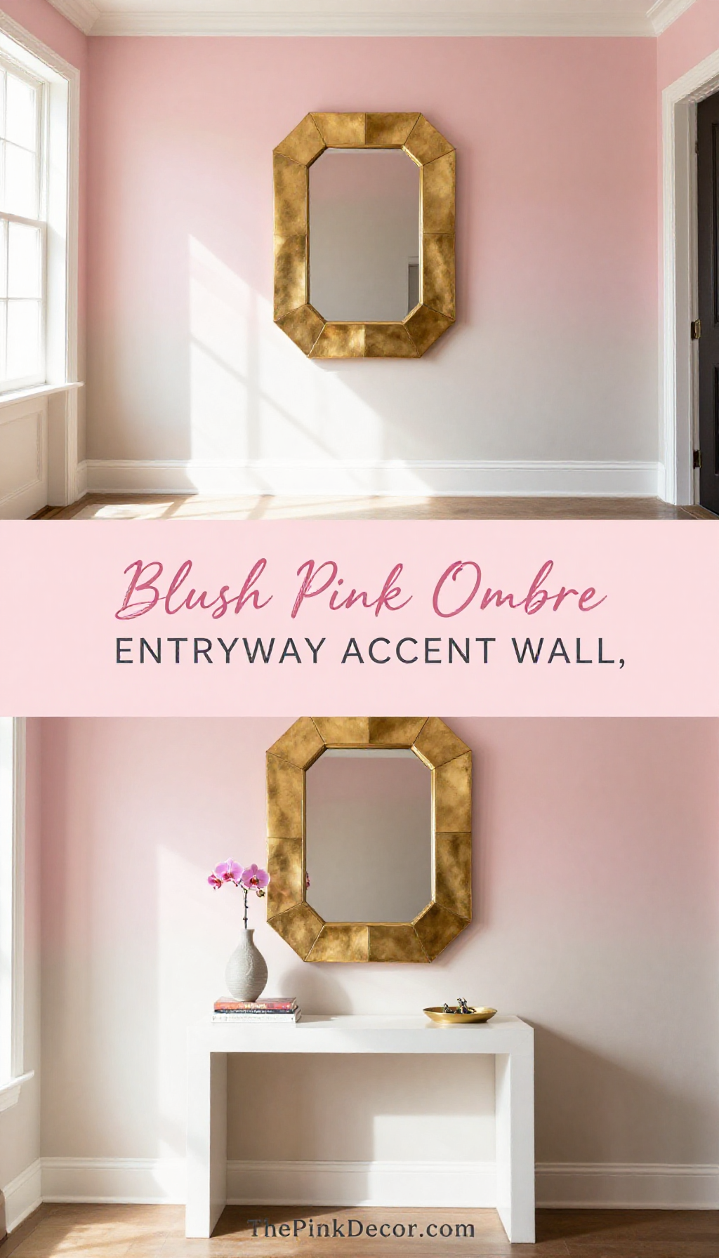 Blush Pink Ombre Entryway Accent Wall with Geometric Gold Mirror - Entryway - The Pink Decor