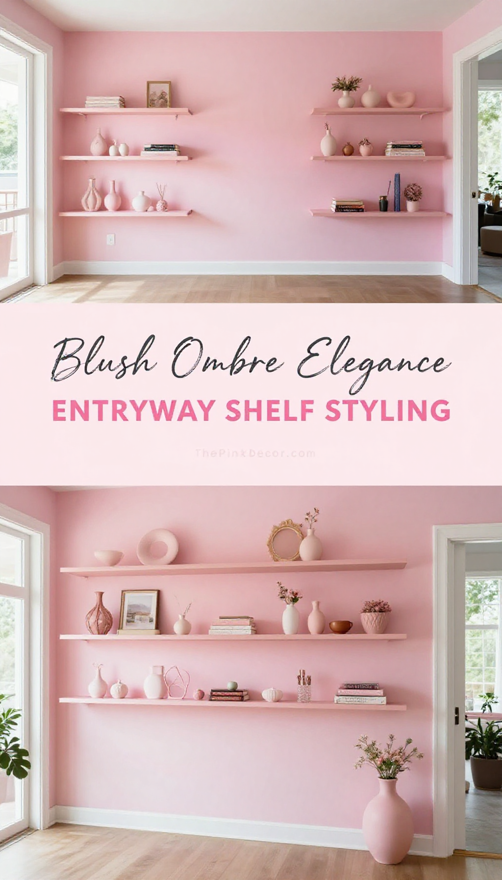 Blush Pink Ombre Entryway Wall with Floating Shelves - Entryway - The Pink Decor