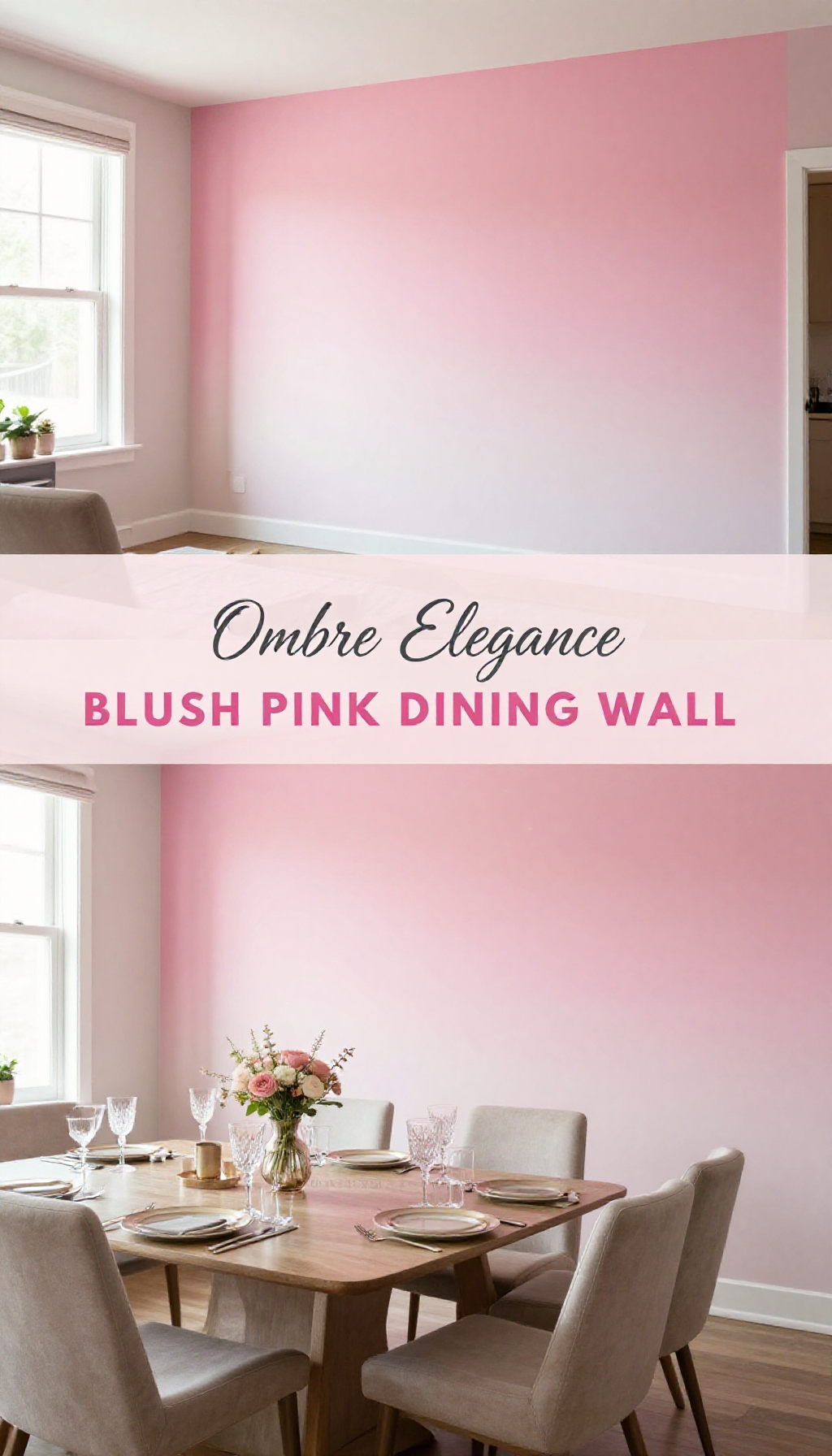 modern blush pink ombre gradient dining room wall decor ideas with metallic accents - Featured Design Blush Pink Ombre Gradient Dining Wall with Metallic Accents - Dining Room - The Pink Decor