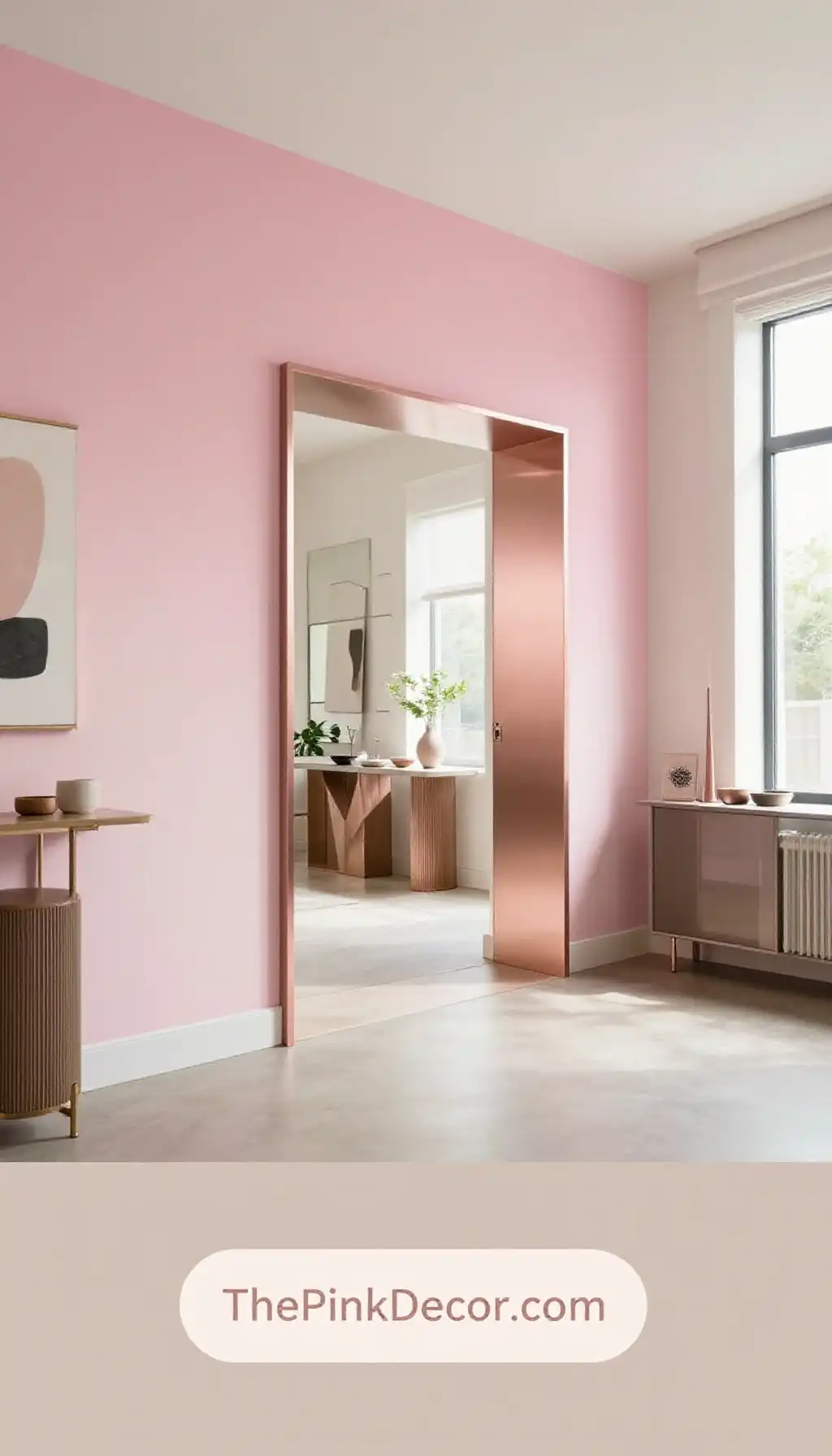 unique pink entryway design ideas with blush rose color schemes for 2024 - Complete View Complete Entryway with pink decor elements including blush ombre wall, gold mirror, and velvet bench