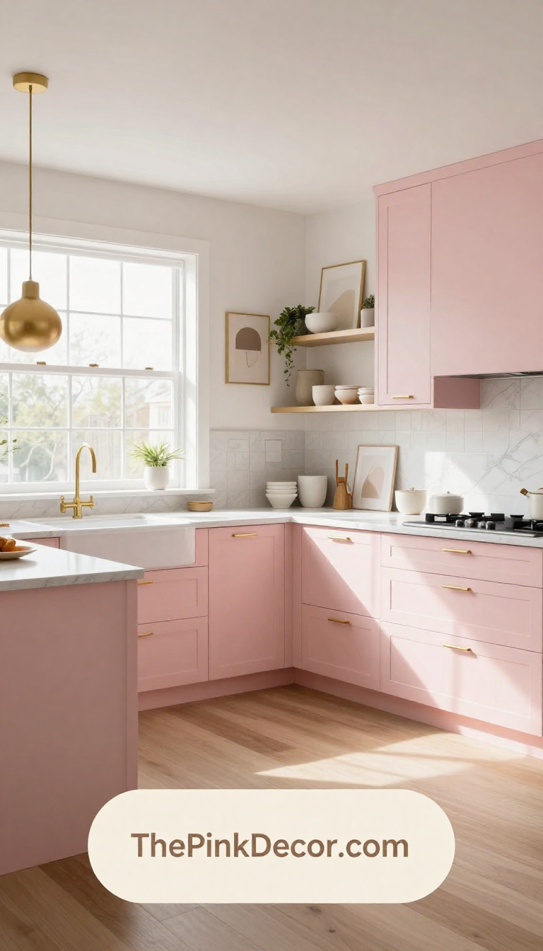 blush pink kitchen cabinets with gold handles - Complete View Complete Kitchen with pink decor elements