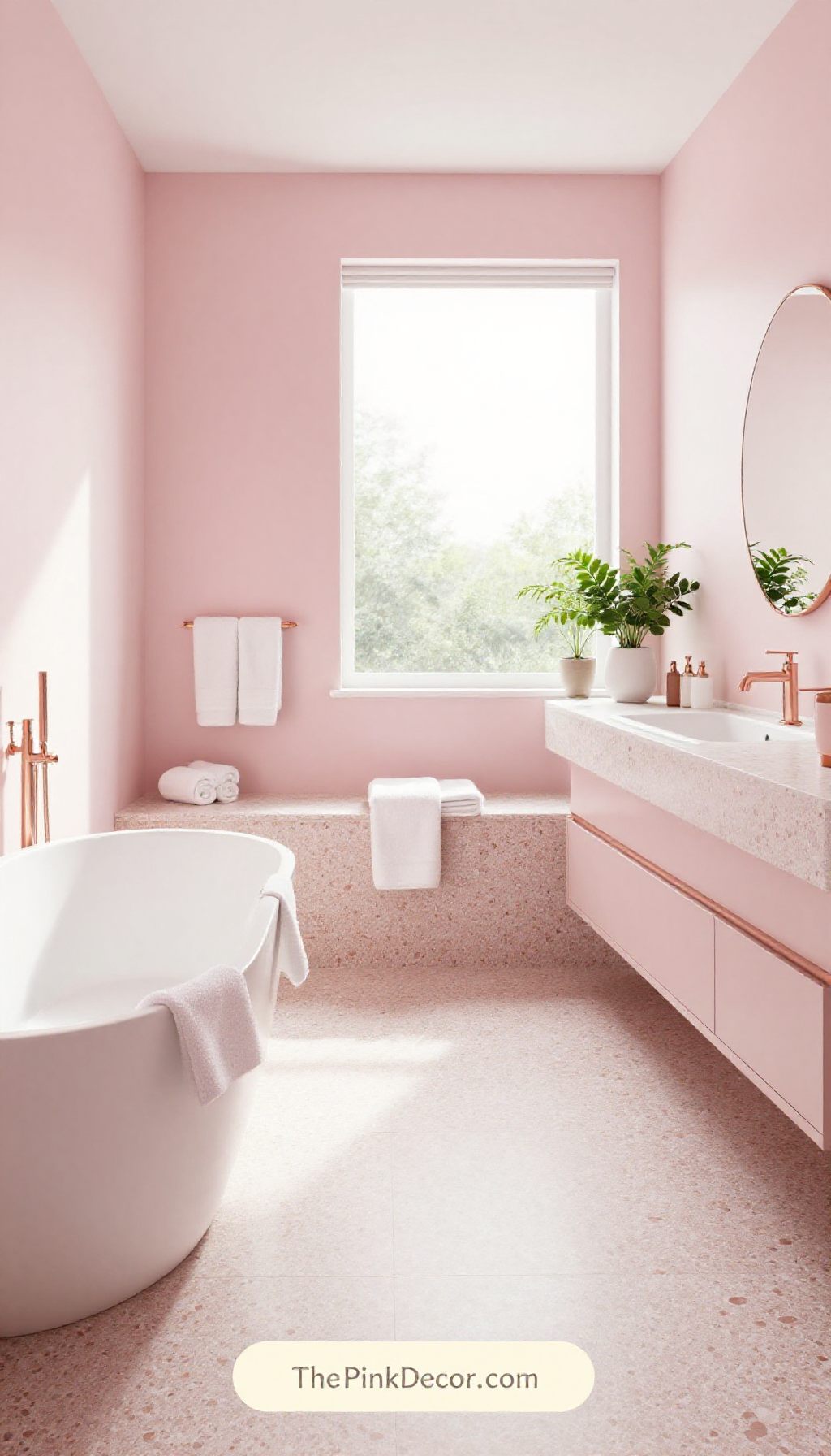 Complete modern aesthetic blush pink bathroom decor with terrazzo accents and gold fixtures - shower, vanity, and decor details