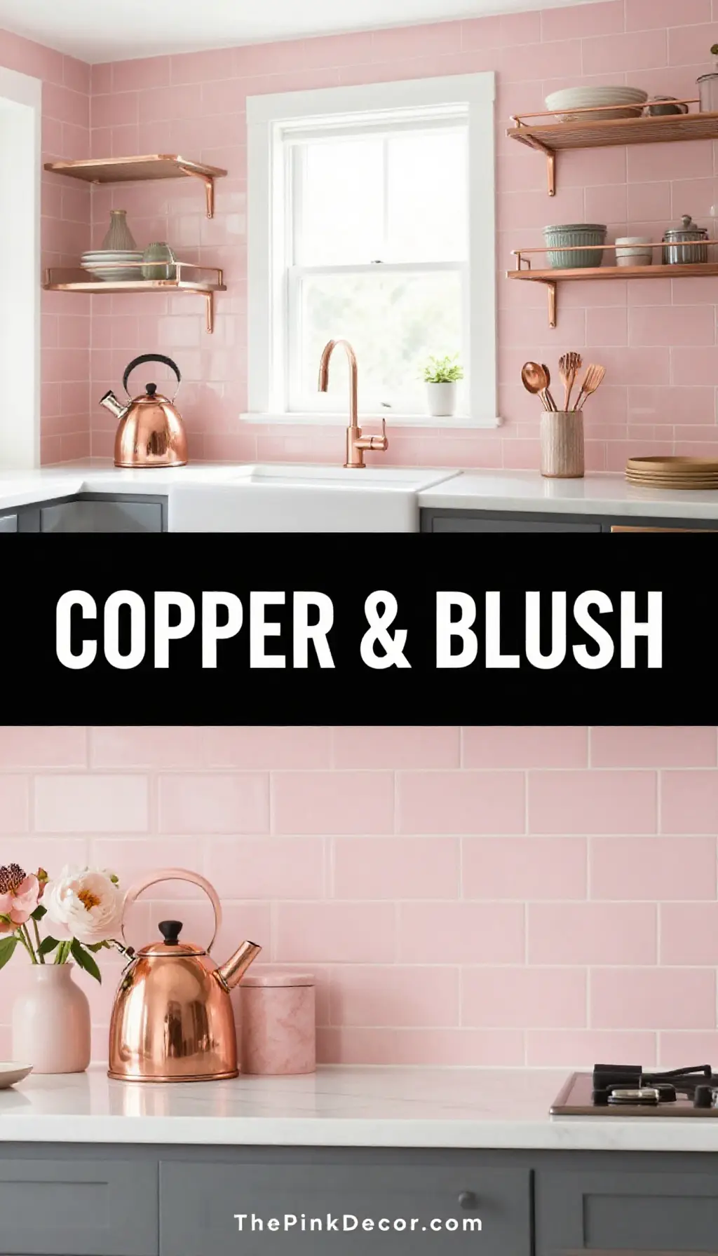 Blush Pink Subway Tile Wall with Copper Accents - Laundry Room - The Pink Decor