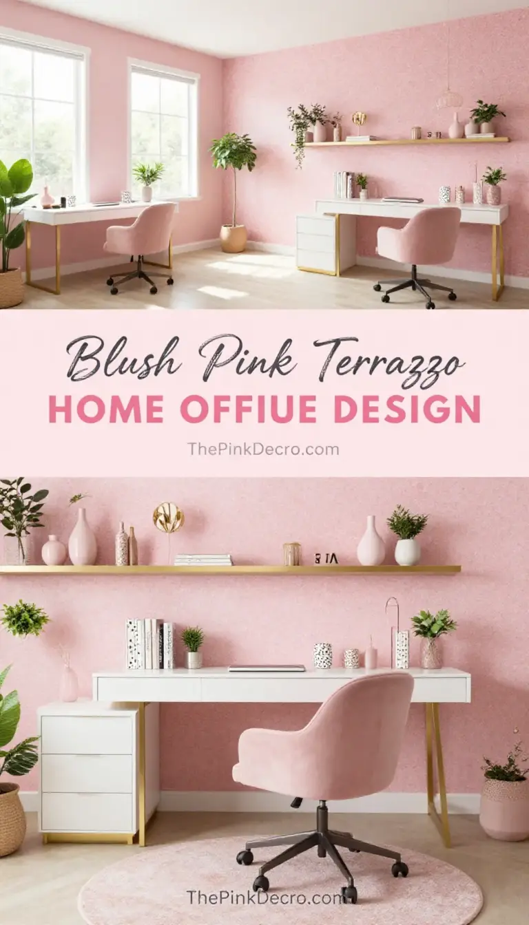 Blush Pink Terrazzo Accent Wall Home Office Design - Home Office - The Pink Decor