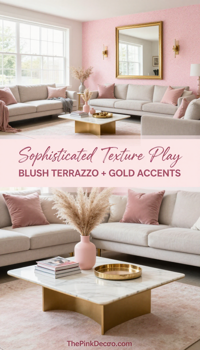 Blush Pink Terrazzo Accent Wall with Gold Fixtures - Bathroom - The Pink Decor