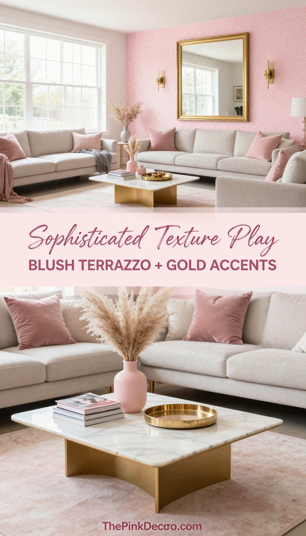 Blush Pink Terrazzo Accent Wall with Gold Fixtures - Bathroom - The Pink Decor