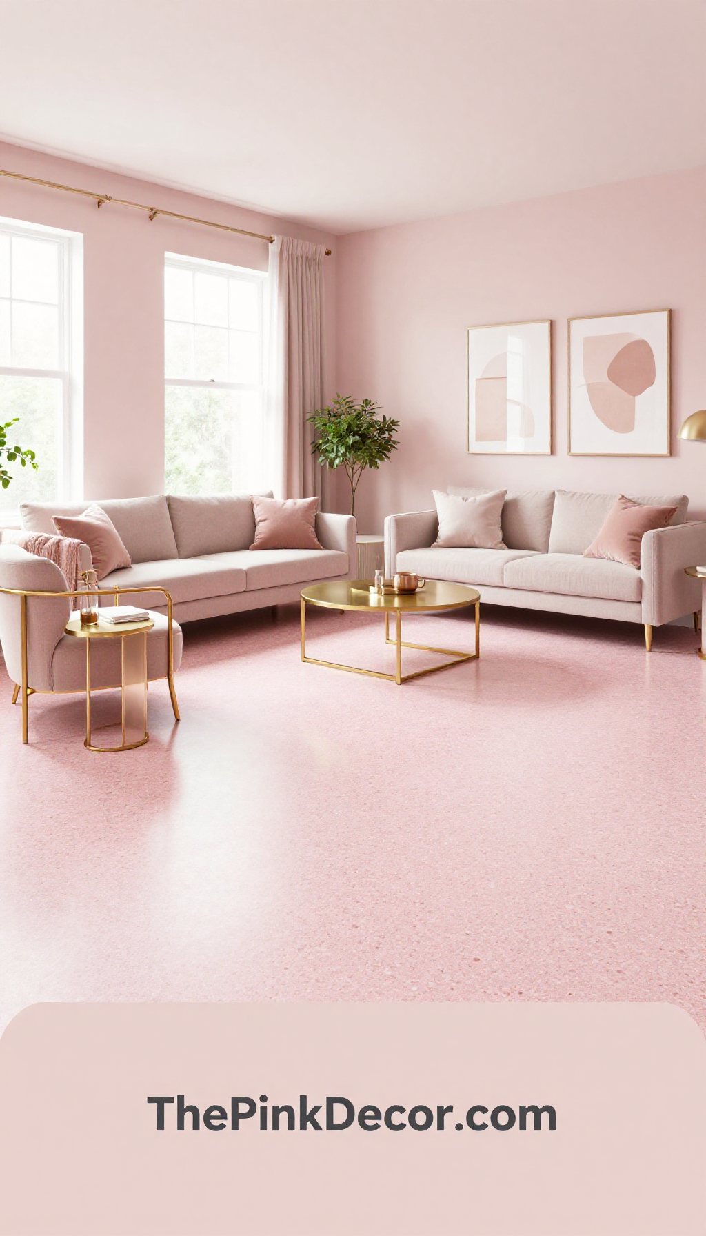 Complete Living Room with pink decor elements, terrazzo table, and gold lighting
