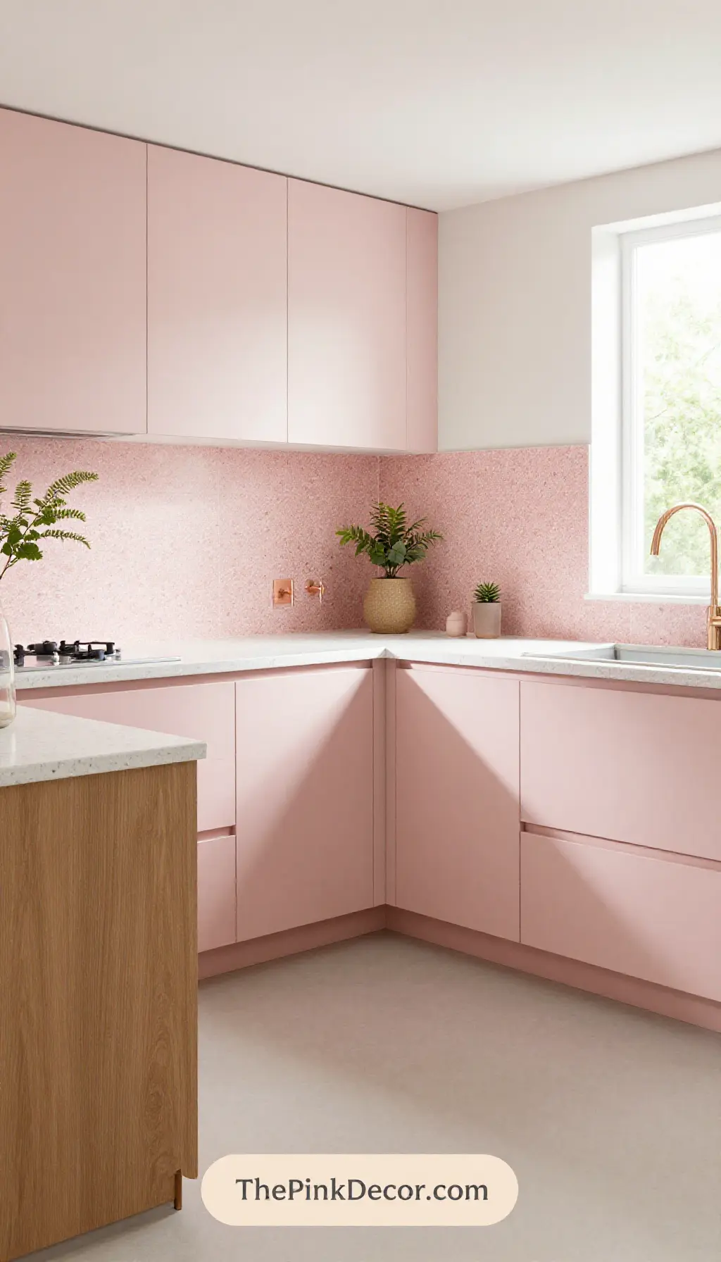 Aesthetic Blush Pink Terrazzo Backsplash Kitchen Design Complete View Complete modern kitchen with blush pink terrazzo backsplash, white cabinets, and brass hardware