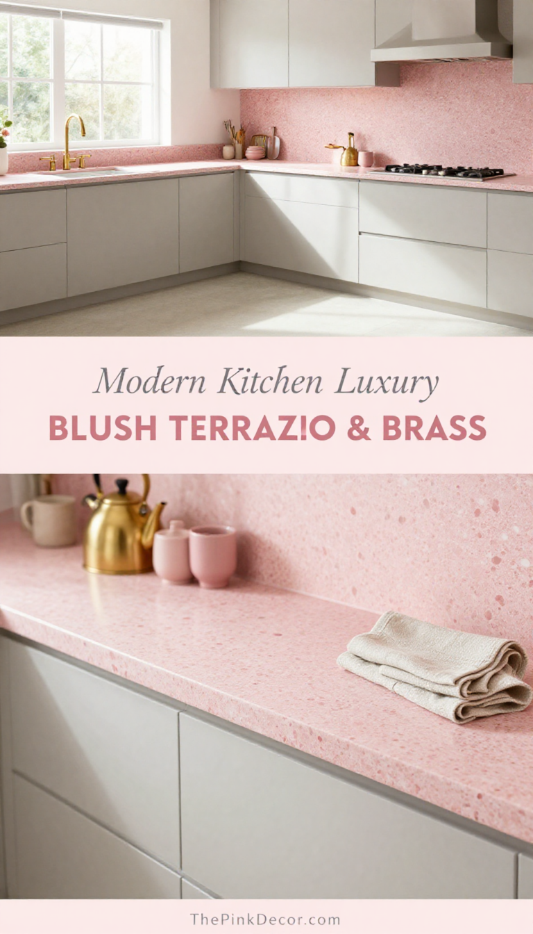 Blush Pink Terrazzo Countertop with Brass Fixtures - Kitchen - The Pink Decor