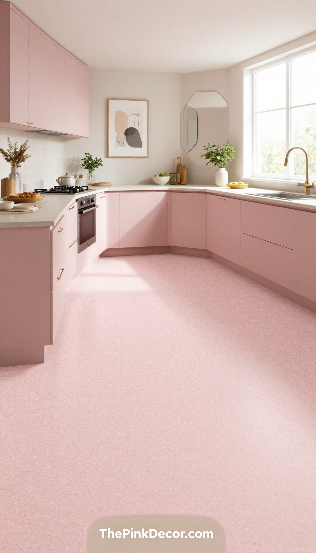Complete Kitchen with blush pink terrazzo floor tiles and modern pink decor elements