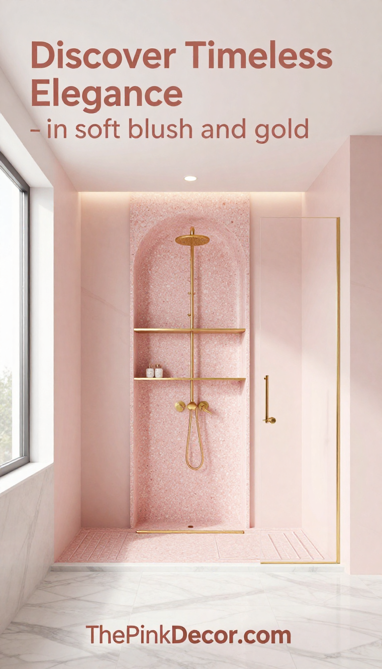 Blush Pink Terrazzo Shower Niche with Gold Accents - Bathroom - The Pink Decor