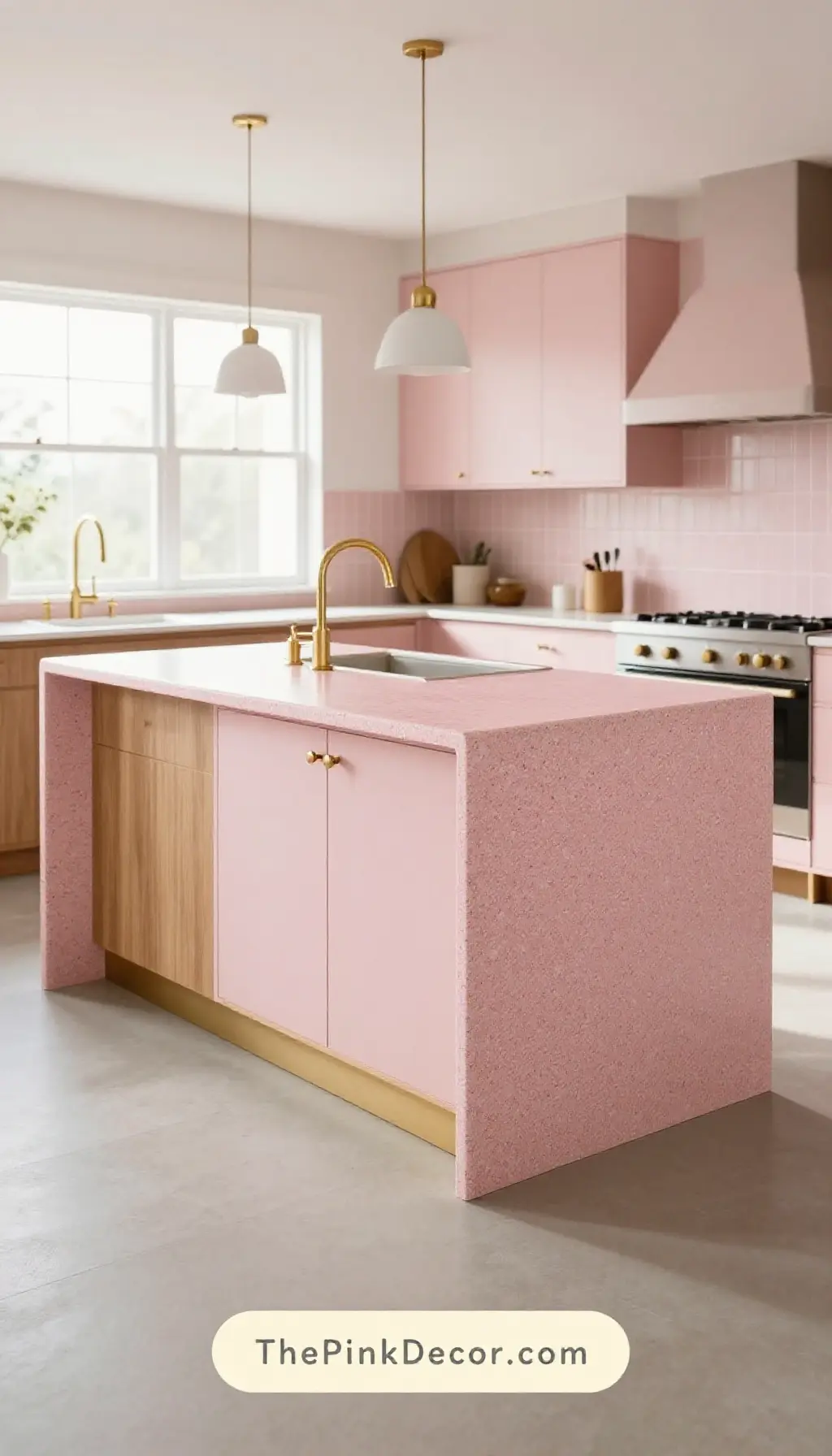 modern blush pink terrazzo kitchen island with gold fixtures decor inspiration - Complete View Complete Kitchen with pink decor elements