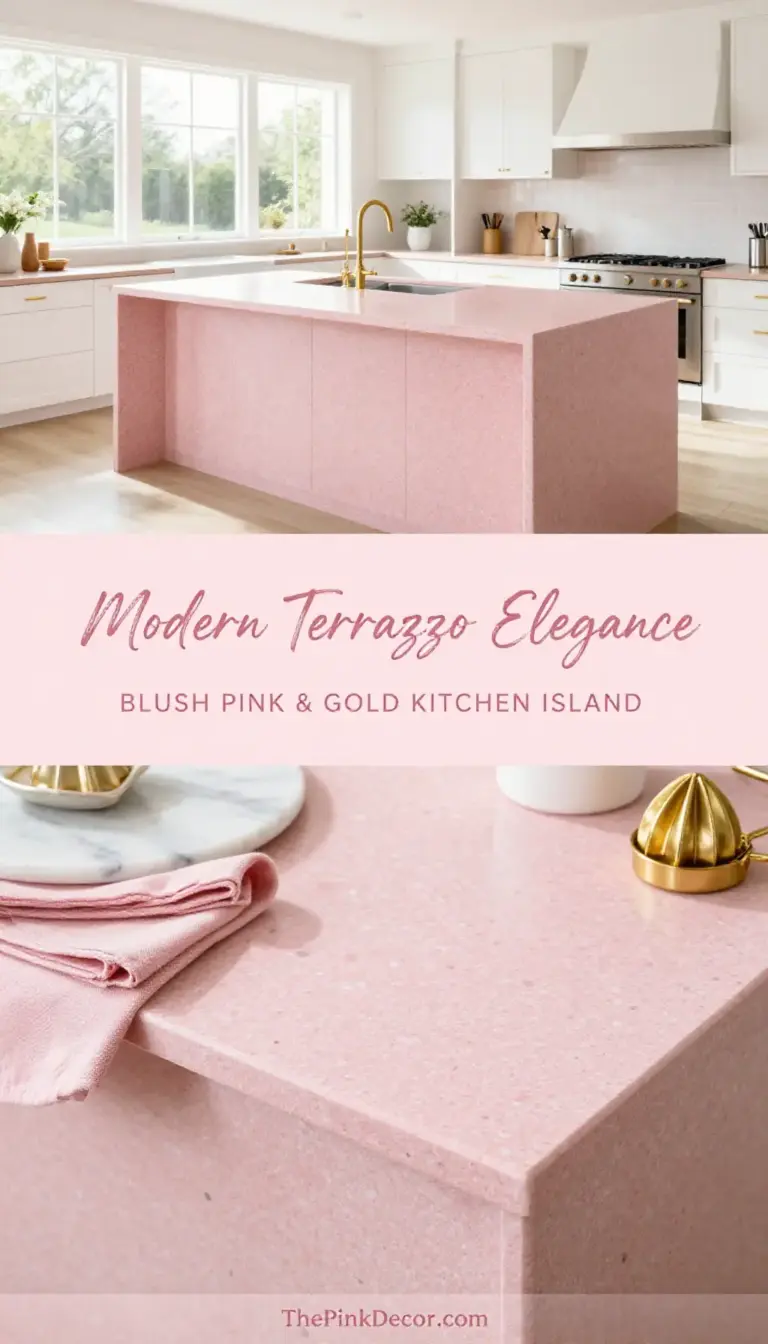 Blush Pink Terrazzo Style Kitchen Island with Gold Fixtures - Kitchen - The Pink Decor