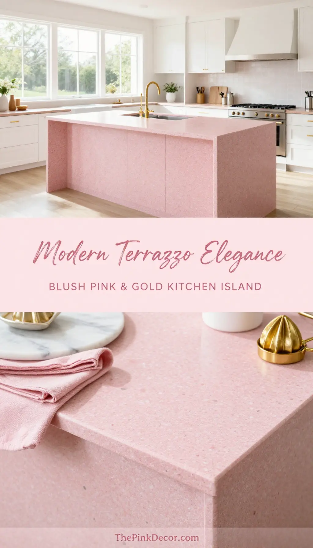 modern blush pink terrazzo kitchen island with gold fixtures decor inspiration - Featured Design Blush Pink Terrazzo Style Kitchen Island with Gold Fixtures - Kitchen - The Pink Decor