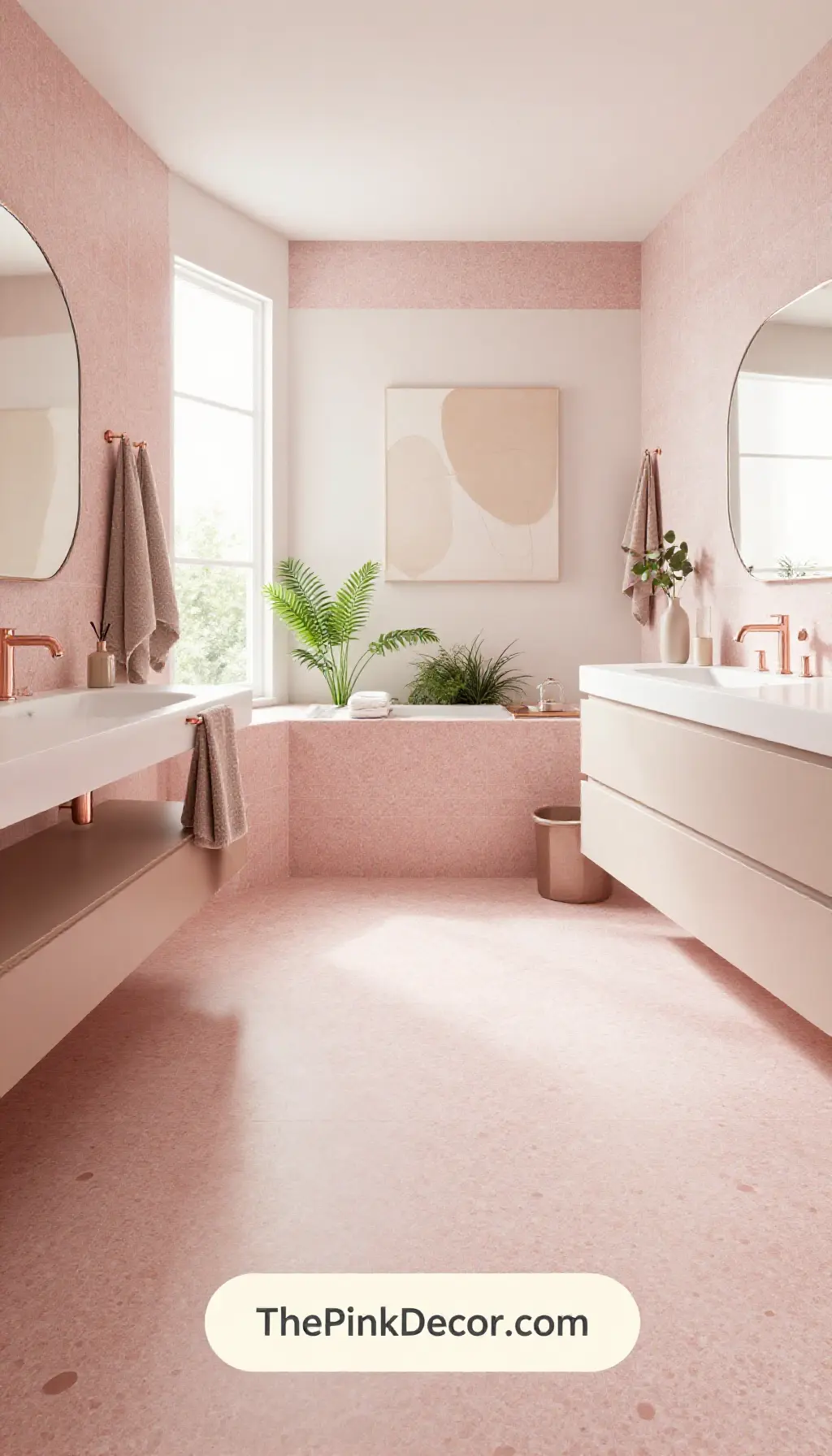 Complete modern bathroom with blush pink walls, terrazzo tile flooring, brass fixtures, and minimalist decor