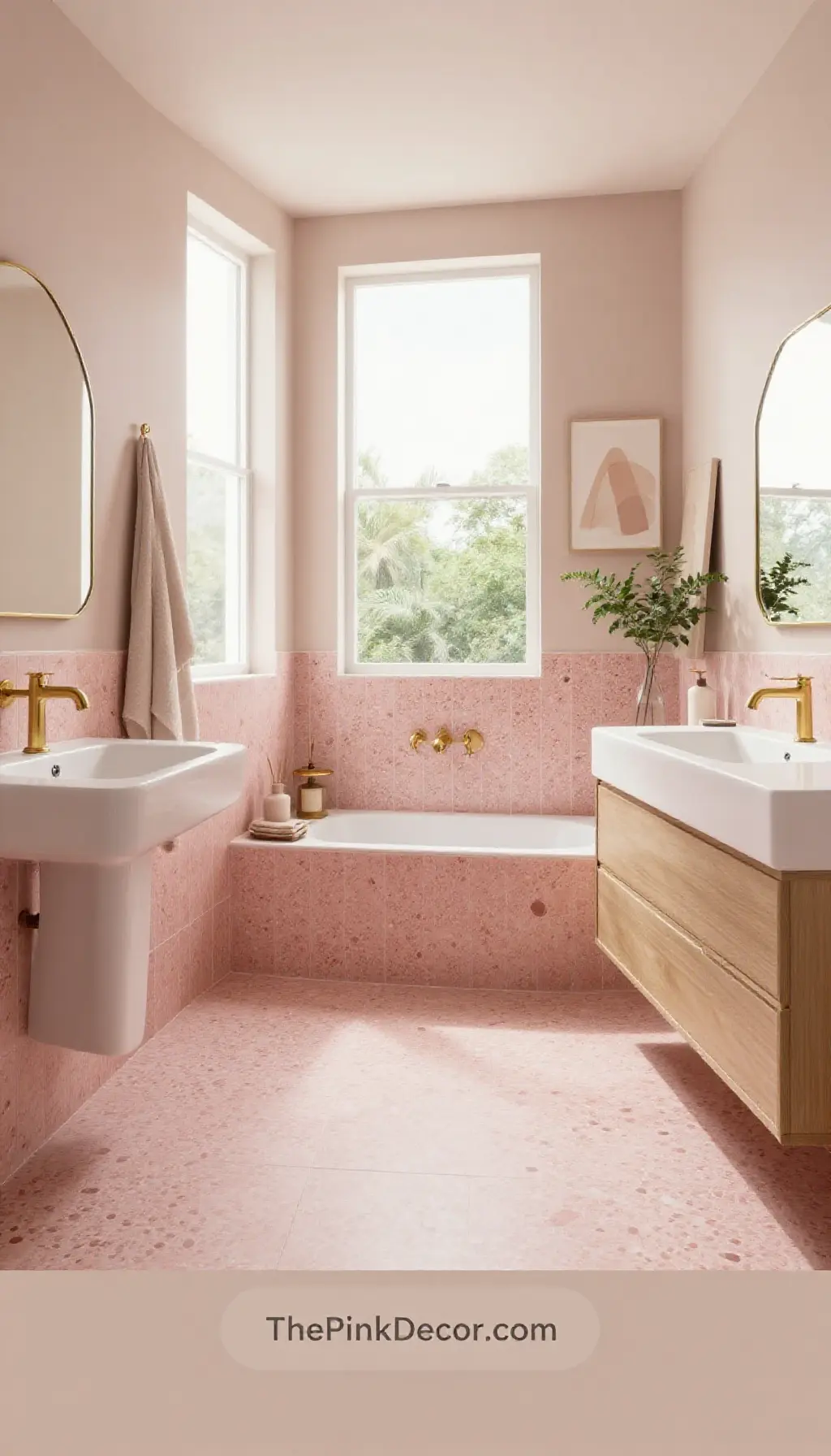 aesthetic blush pink terrazzo tile bathroom decor ideas with gold accents - Complete View Complete Bathroom with pink decor elements