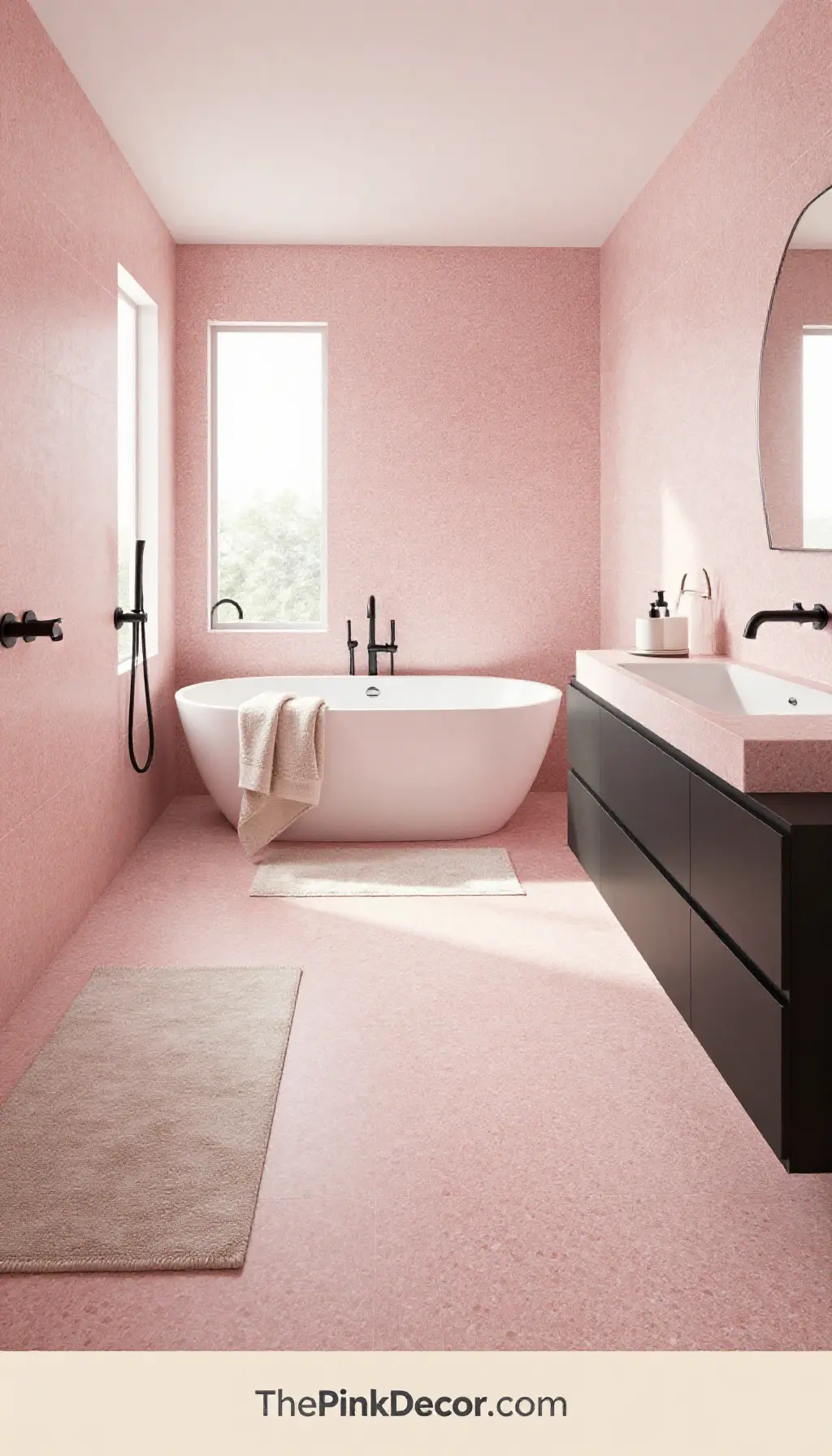 Complete bathroom with pink decor elements, terrazzo tiles, and matte black fixtures