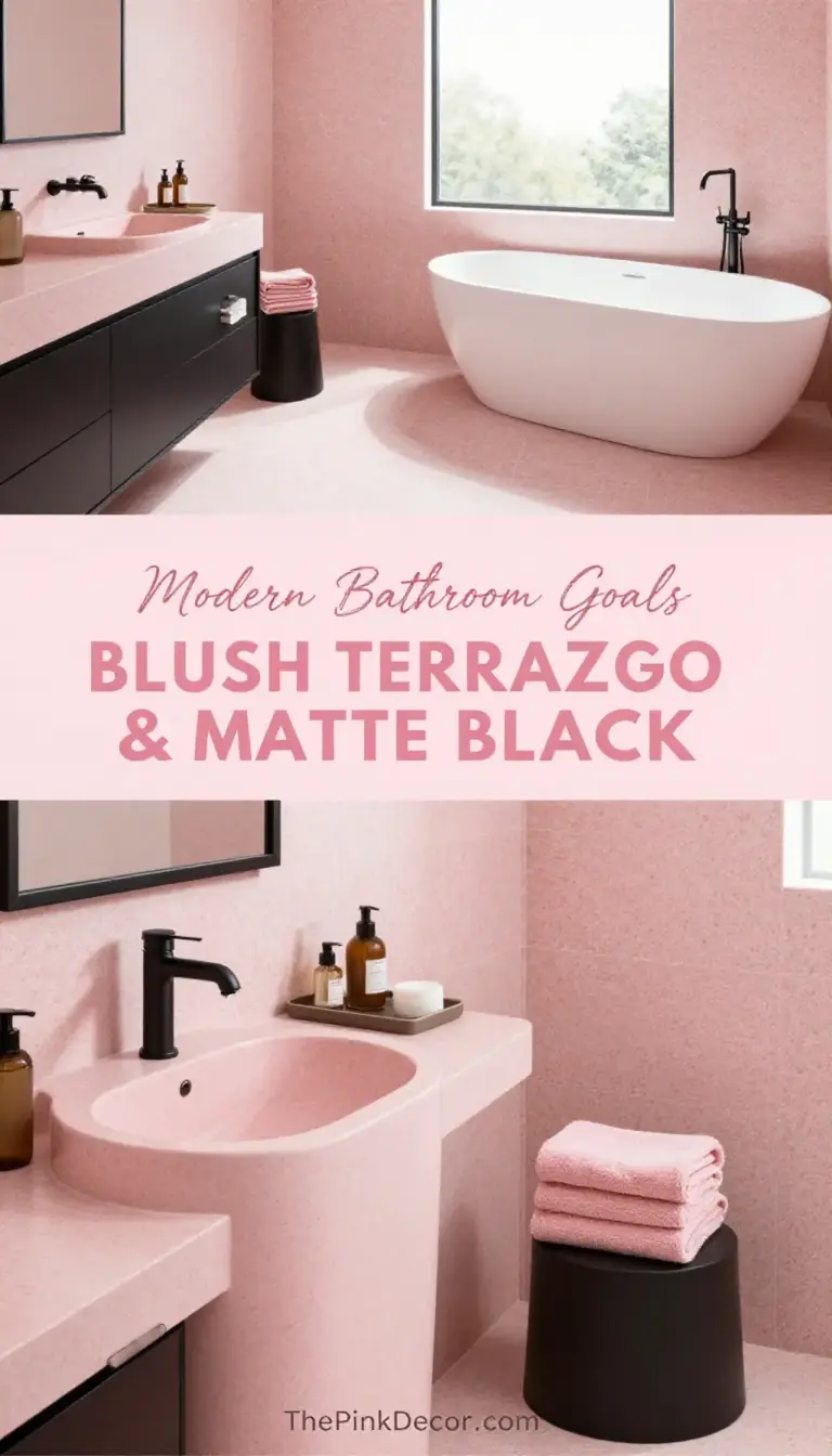 Blush Pink Terrazzo Tile Bathroom with Matte Black Accents - Bathroom - The Pink Decor
