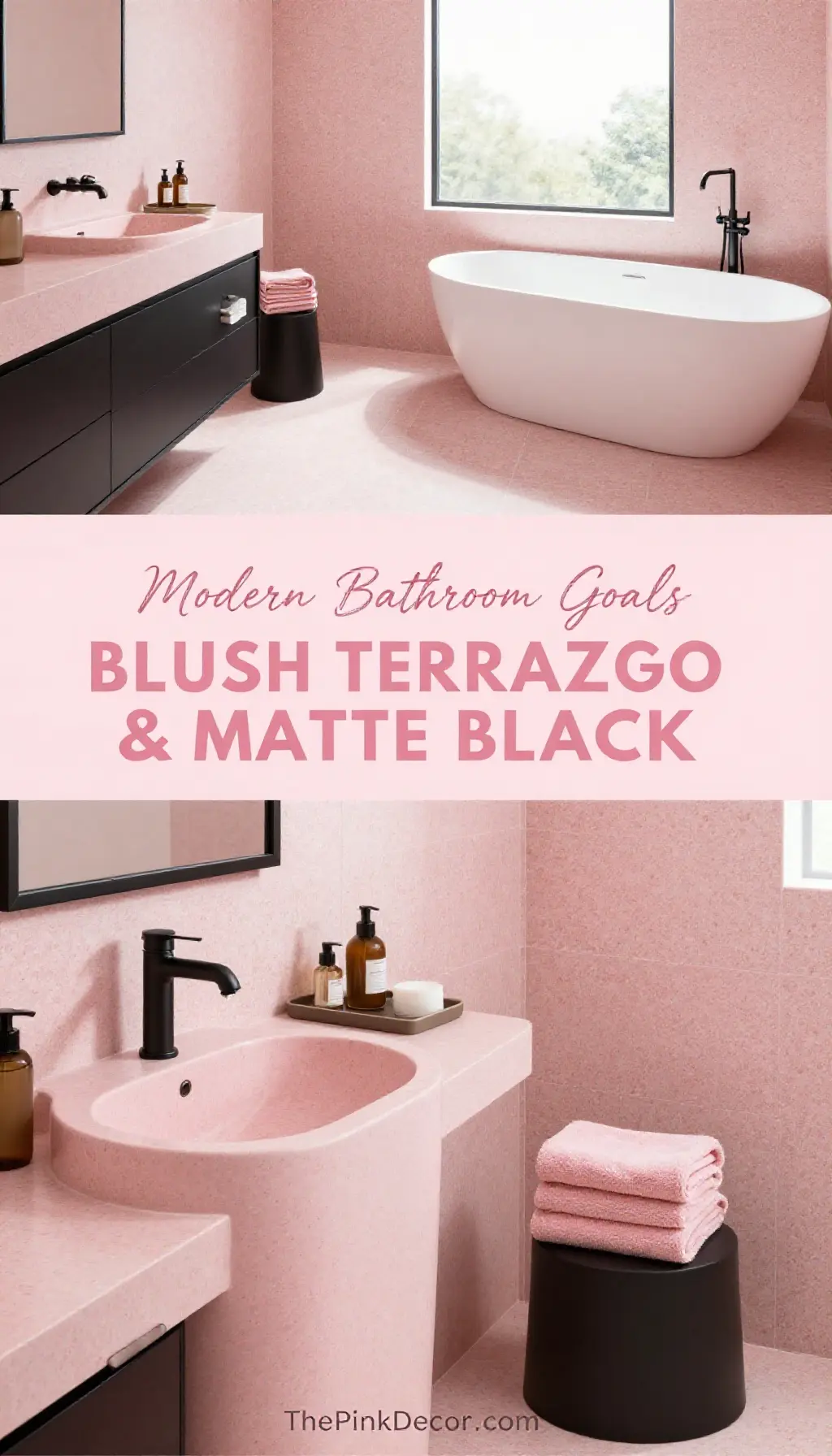 Blush Pink Terrazzo Tile Bathroom with Matte Black Accents - Bathroom - The Pink Decor
