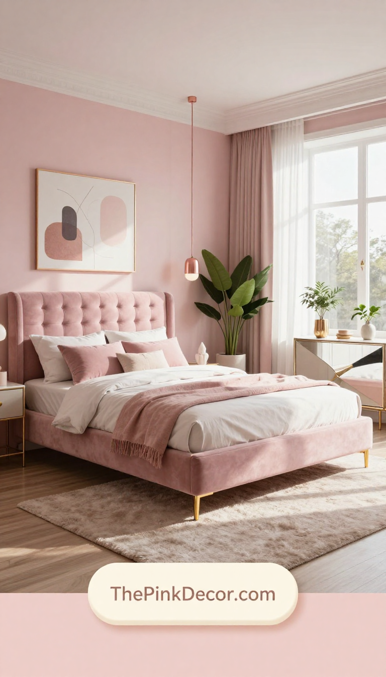 blush pink velvet bed frame modern bedroom decor - Complete View Complete Bedroom with pink decor elements