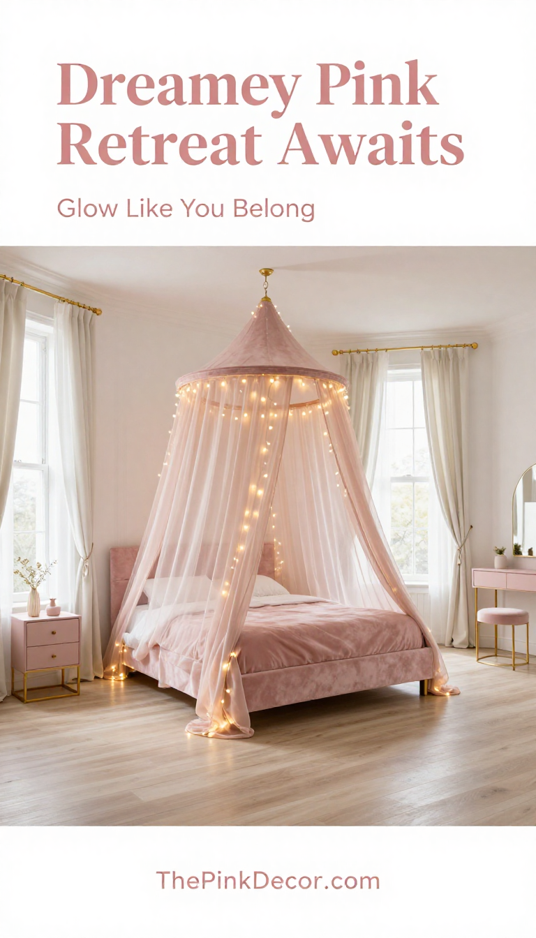 Blush Pink Velvet Canopy Bed with Fairy Lights - Bedroom - The Pink Decor