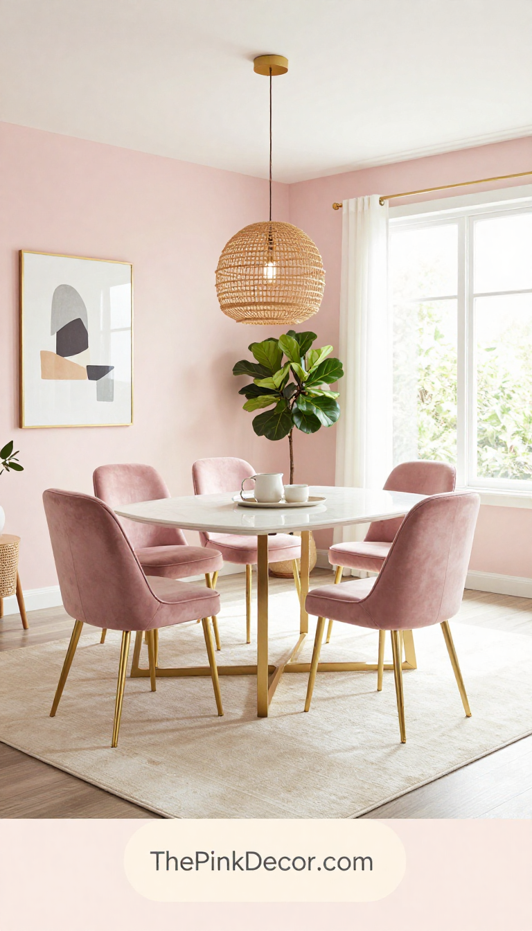 Complete Dining Room with pink decor elements including velvet chairs, gold accents, and modern table