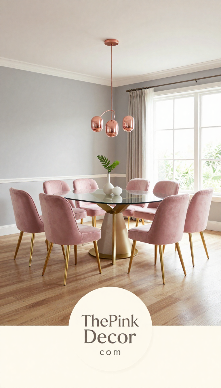 Complete Dining Room with pink decor elements and blush pink velvet dining chairs modern gold legs
