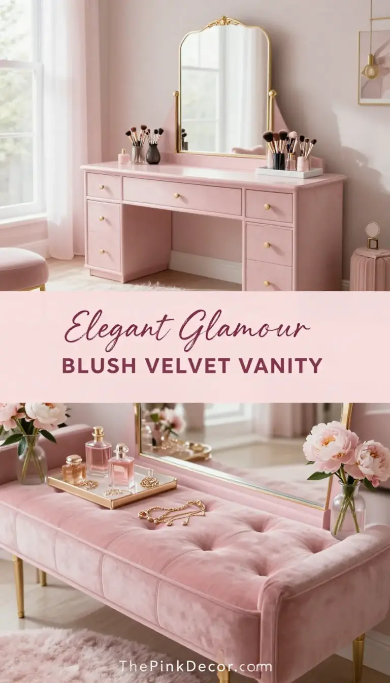 Blush Pink Velvet Dressing Bench and Vanity Set - Dressing Room - The Pink Decor