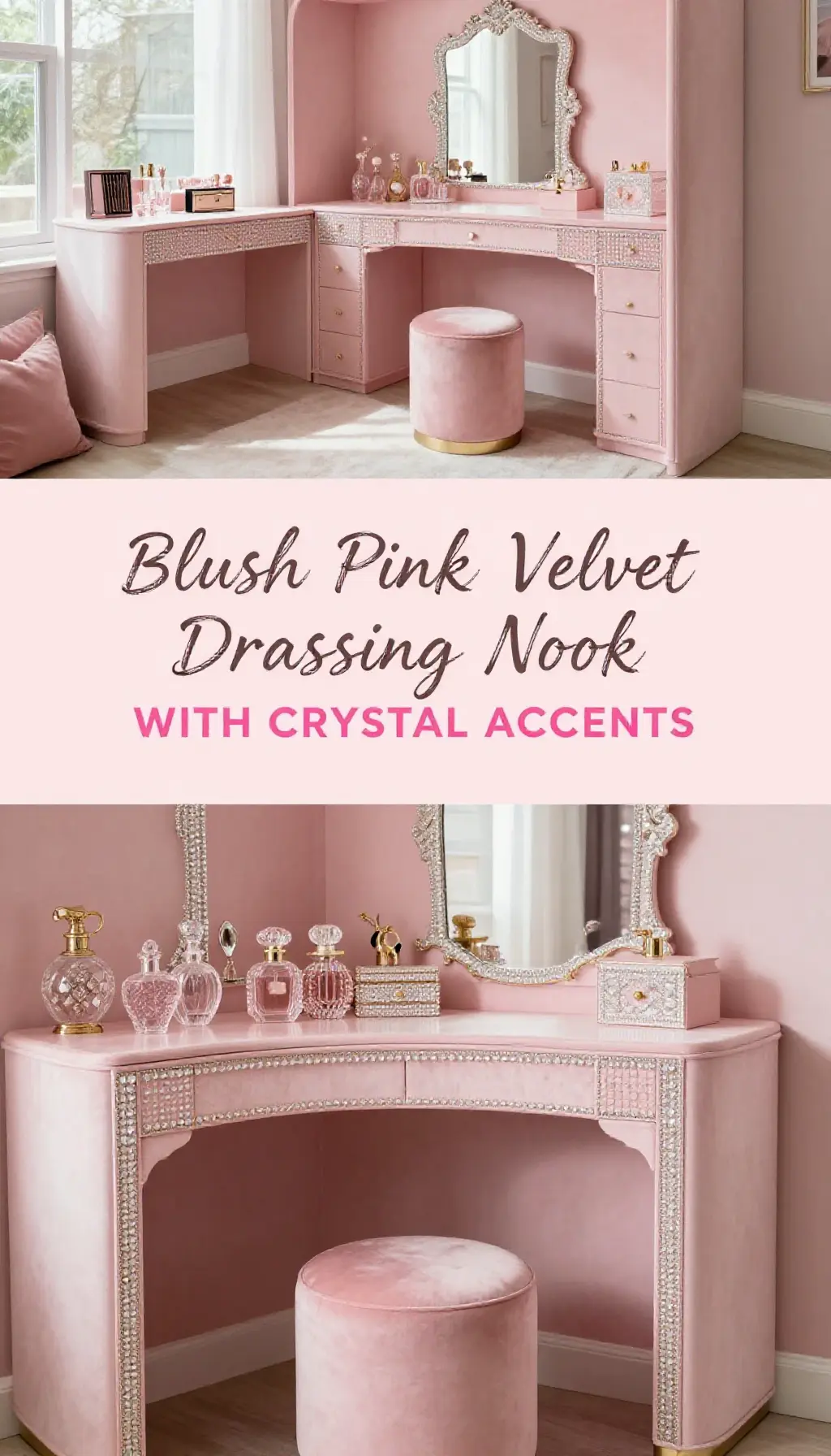 Blush Pink Velvet Dressing Nook with Crystal Accents - Dressing Room - The Pink Decor