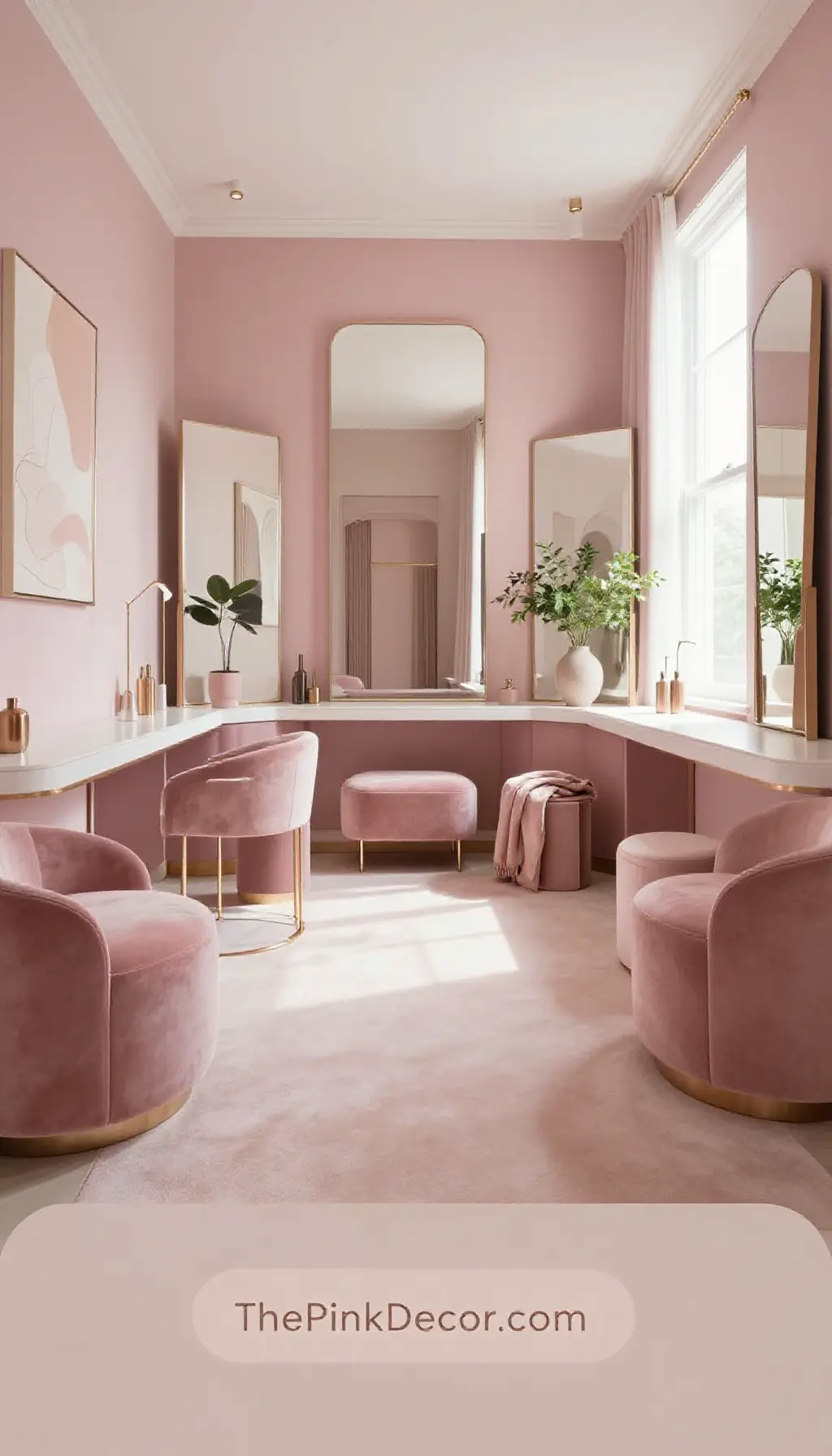 Complete Dressing Room with pink decor elements including velvet chair, round mirror, and layered lighting