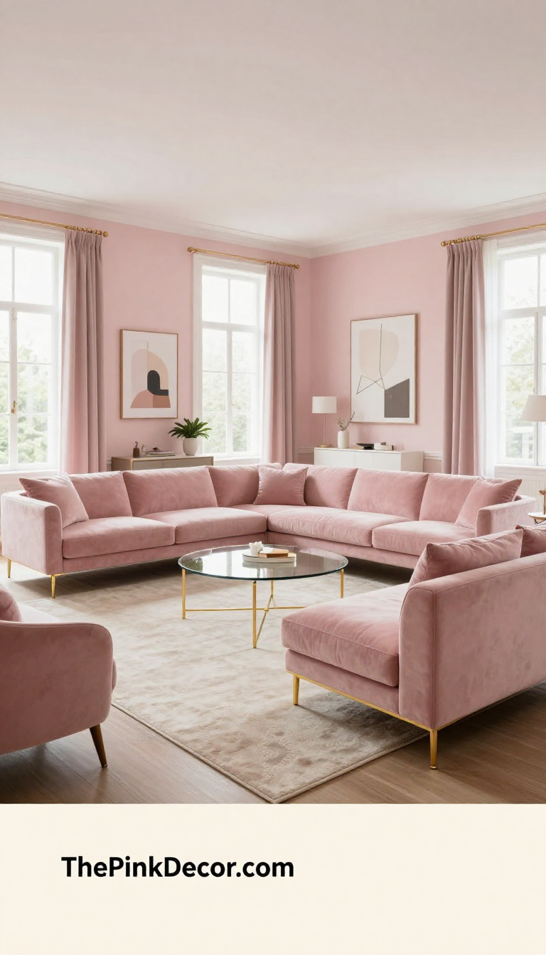 Complete Living Room with pink decor elements including blush pink velvet sofa, gold accents, and modern furniture