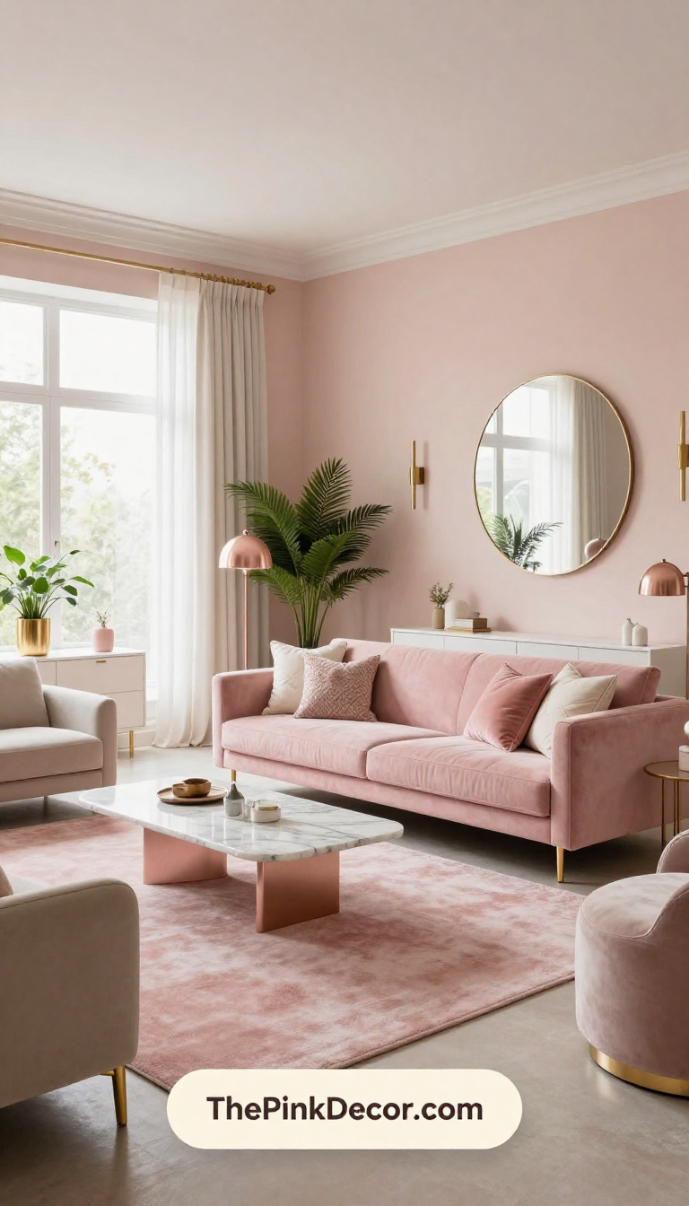 blush pink velvet sofa living room decor - Complete View Complete Living Room with pink decor elements