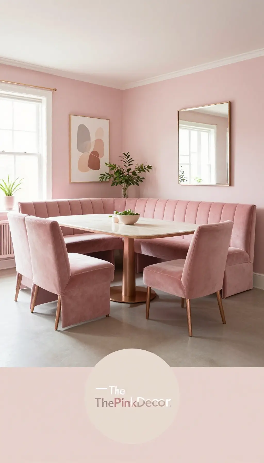 luxury blush pink velvet dining bench decor for modern aesthetic rooms - Complete View Complete Dining Room with pink decor elements