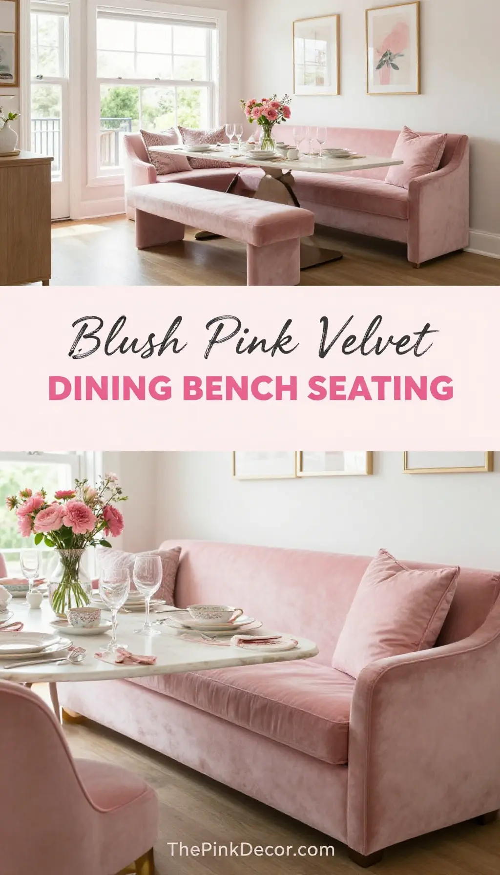 luxury blush pink velvet dining bench decor for modern aesthetic rooms - Featured Design Blush Pink Velvet Upholstered Dining Bench Seating - Dining Room - The Pink Decor