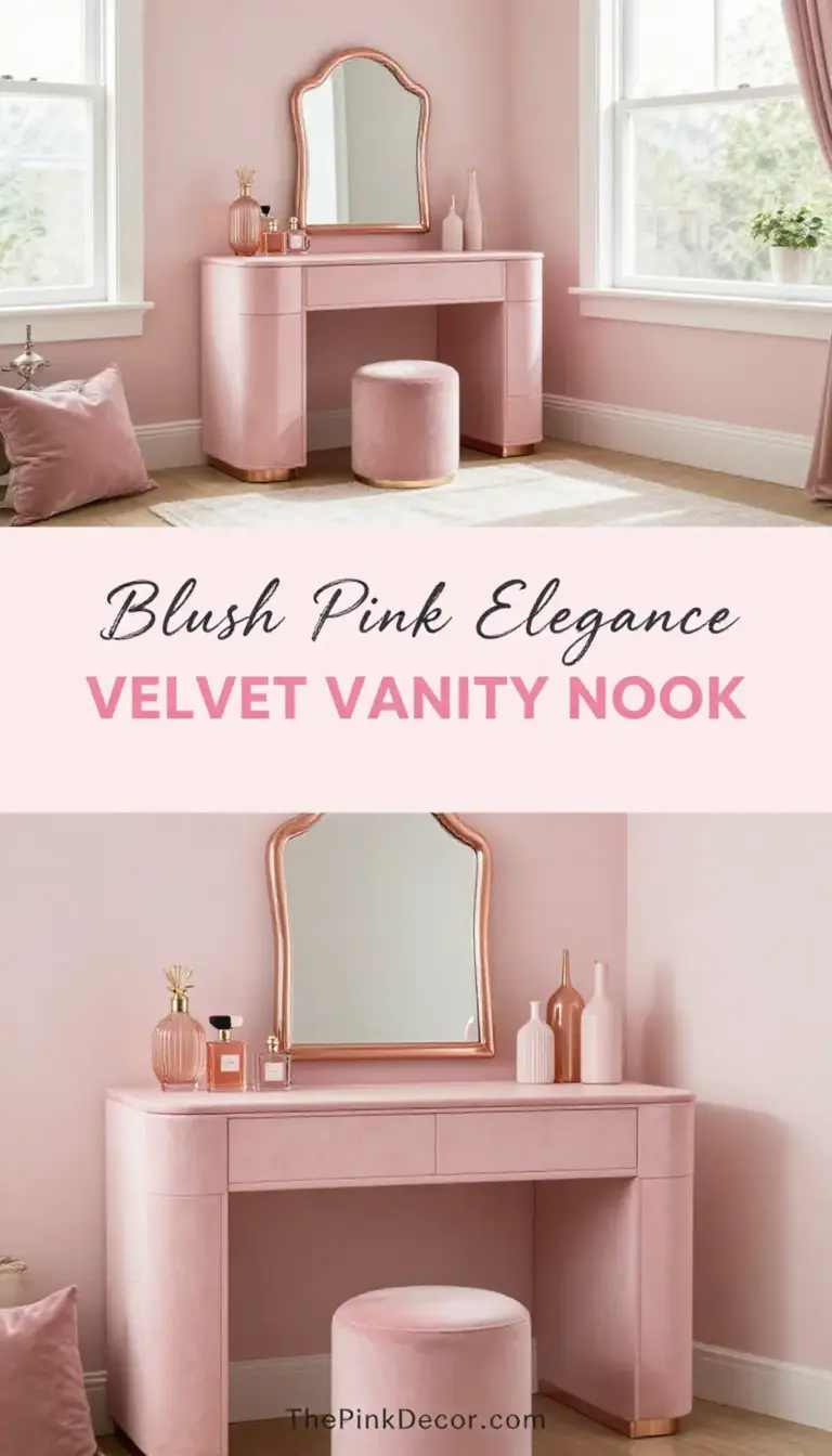 Blush Pink Velvet Vanity with Rose Gold Mirror Dressing Nook - Dressing Room - The Pink Decor