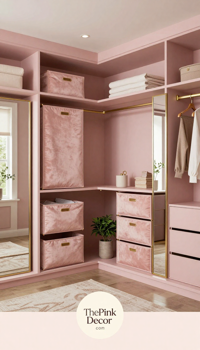 blush pink velvet closet organizers gold trim - Complete View Complete Closet with pink decor elements