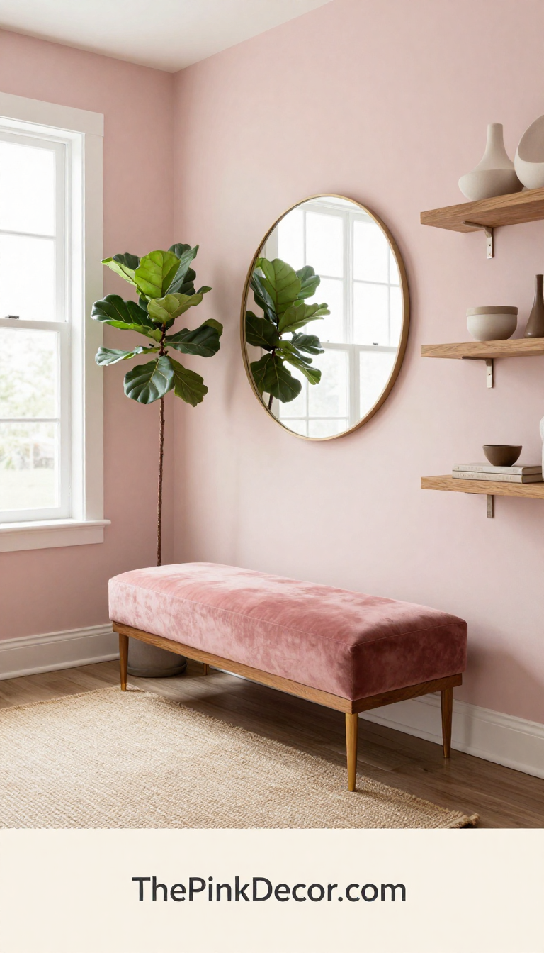 Complete modern entryway with blush pink velvet bench, console, and decor