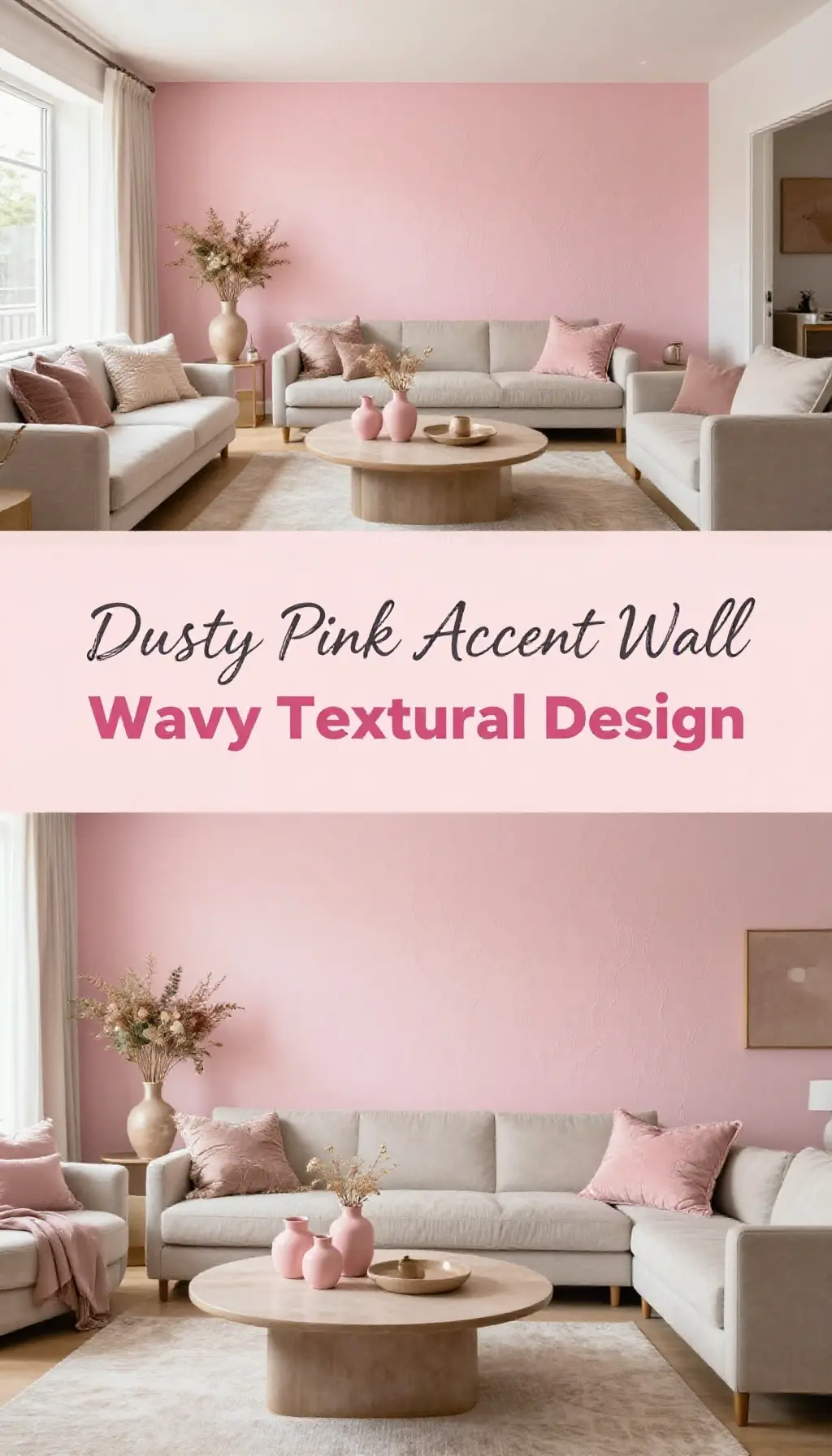 Dusty Pink Accent Wall with Wavy Textural Design - Living Room - The Pink Decor