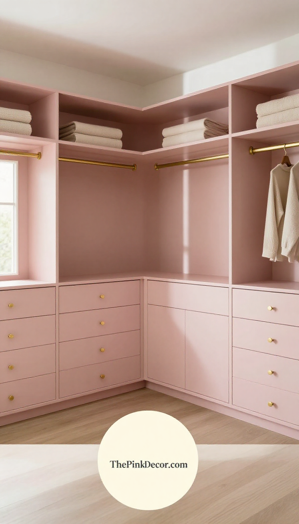 Complete closet view with dusty pink drawer pulls and brass hanging rods