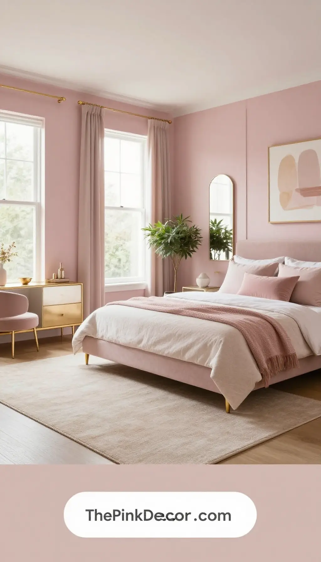 modern dusty pink bedroom decor with gold accents and velvet textures - Complete View Complete Bedroom with pink decor elements