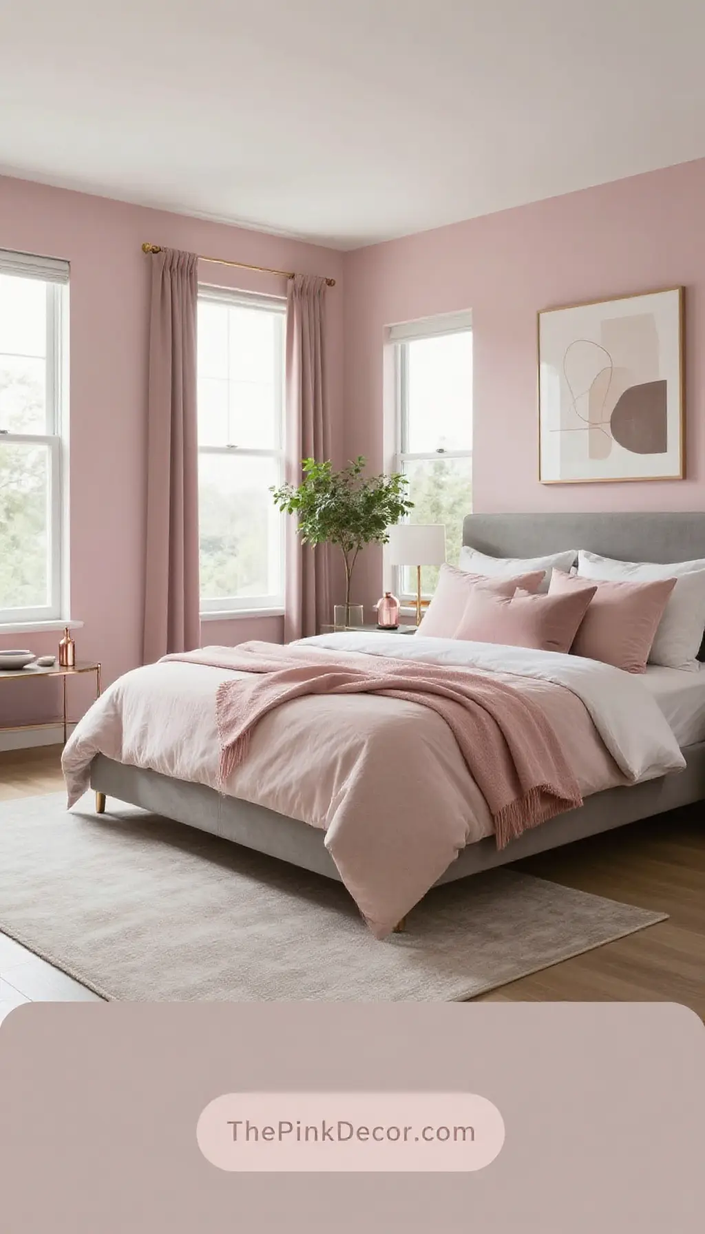Complete Bedroom with dusty pink and greige decor elements showing serene color scheme