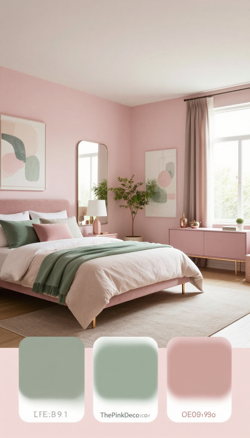 Complete Bedroom with dusty pink walls and sage green bedding decor elements