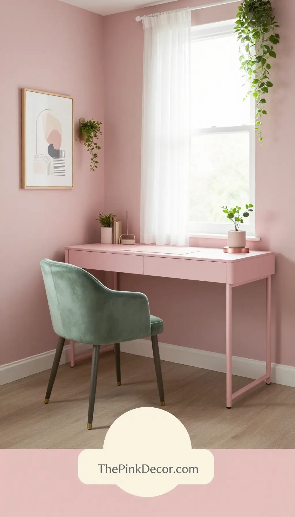 Complete home office nook with dusty pink chair, sage green accents, and natural wood desk