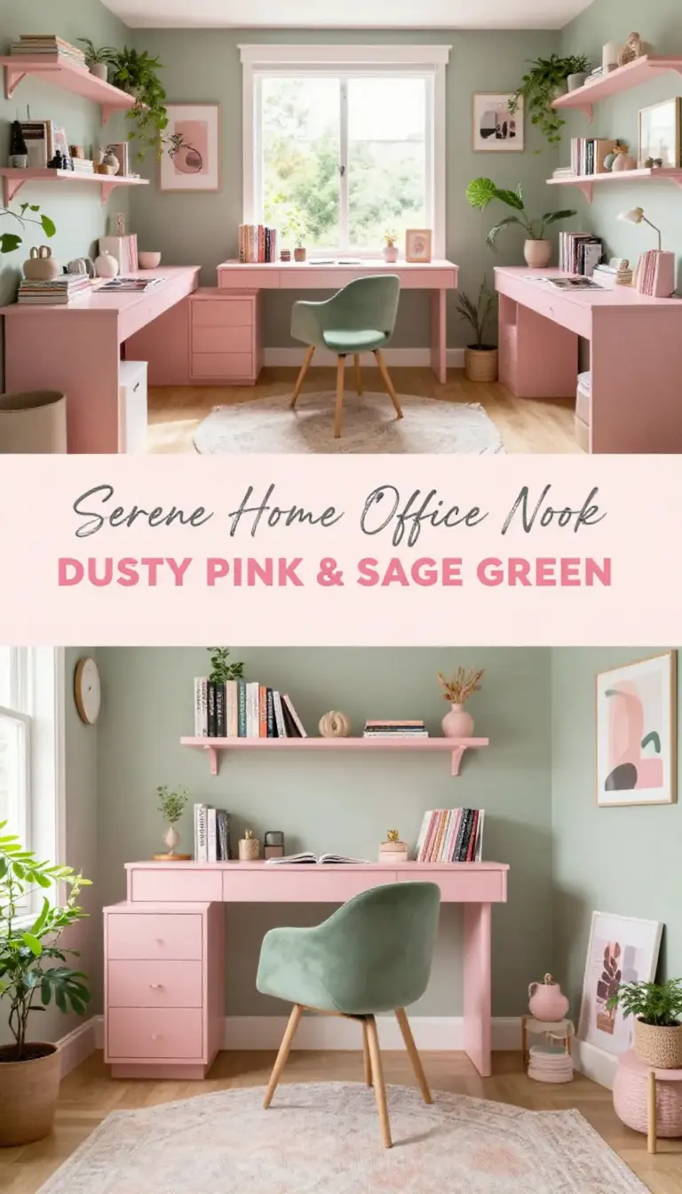 Dusty Pink and Sage Green Serene Home Office Nook - Home Office - The Pink Decor